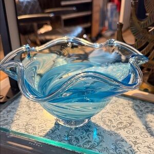 Elegant Tacoma Glassblowing Studio Blue Swirl Glass Bowl